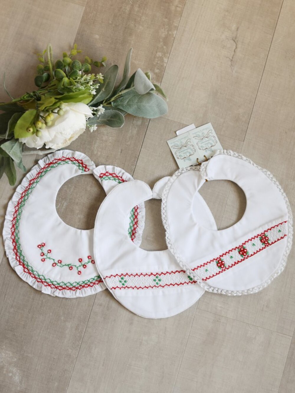 Heirloom Bib White Smocked Red Green Embroidery Feltman Brothers NWT 3 styles